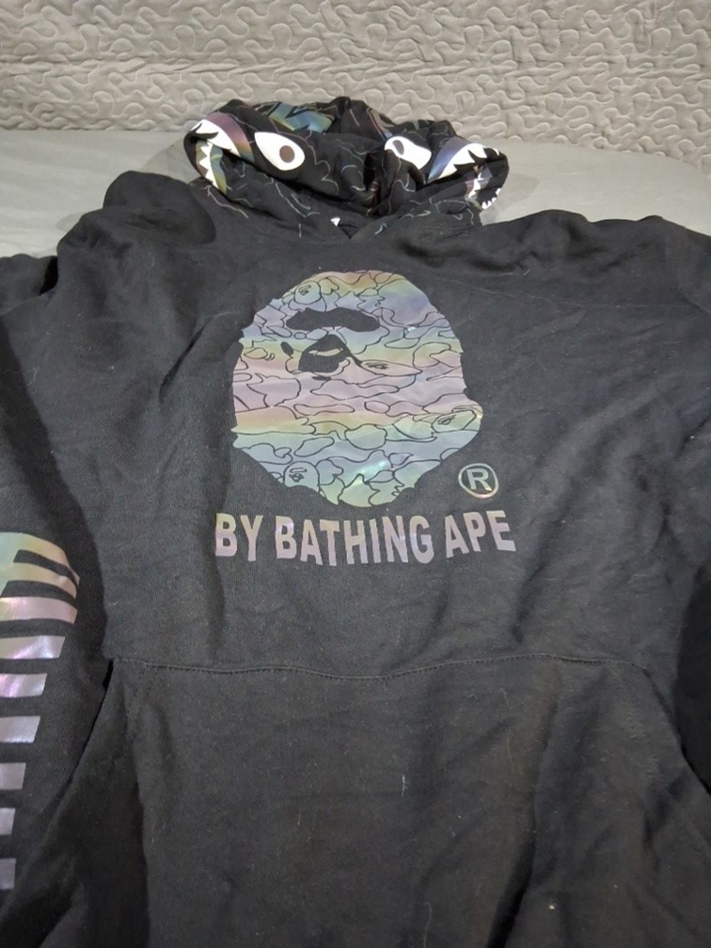 A Bathing Ape Black Hoodie with Iridescent Camo Logo